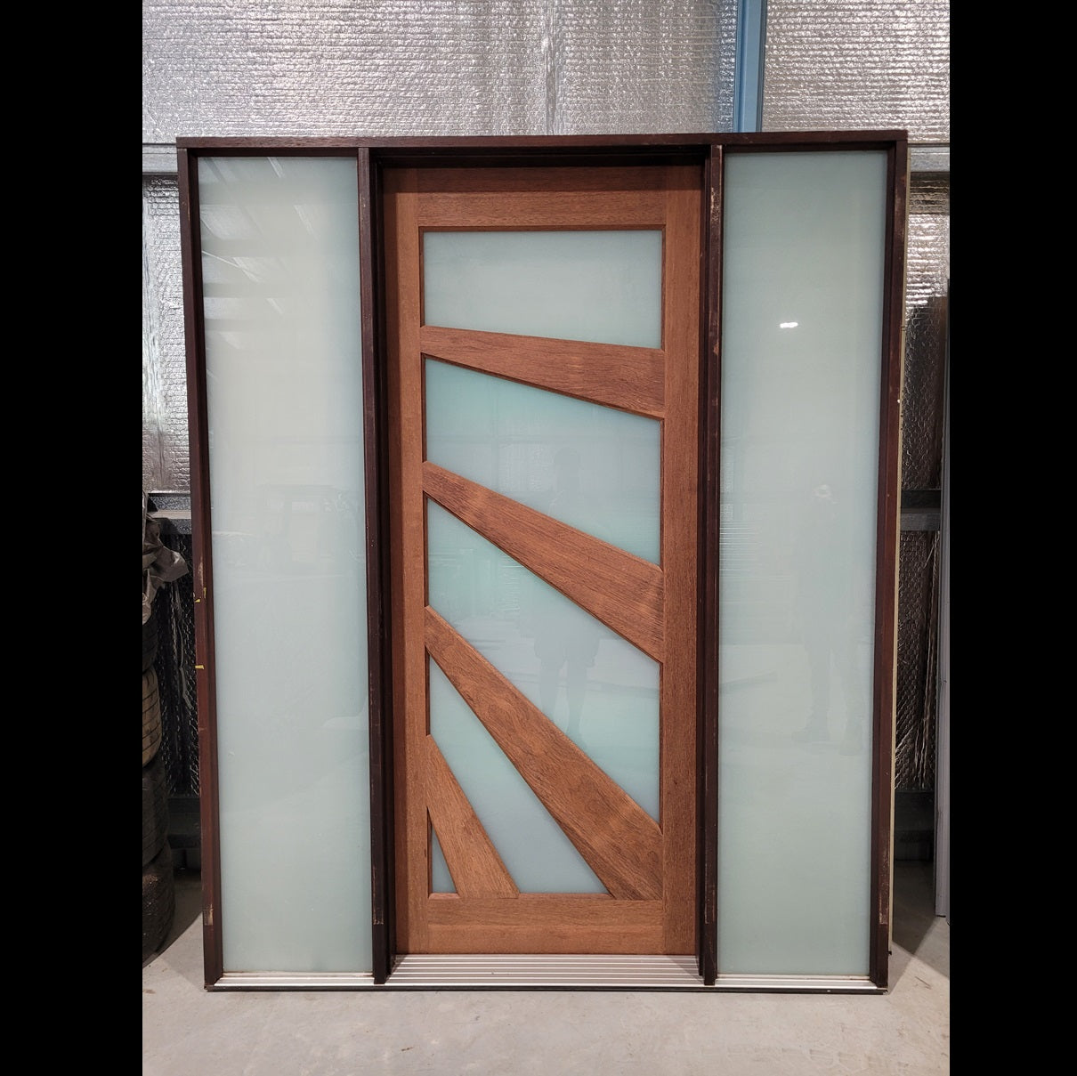Timber Entry Door - Pre-Hung in a 2400h x 1970w Frame w/ Obscure Sunburst Glass *Factory 2nd* 10178