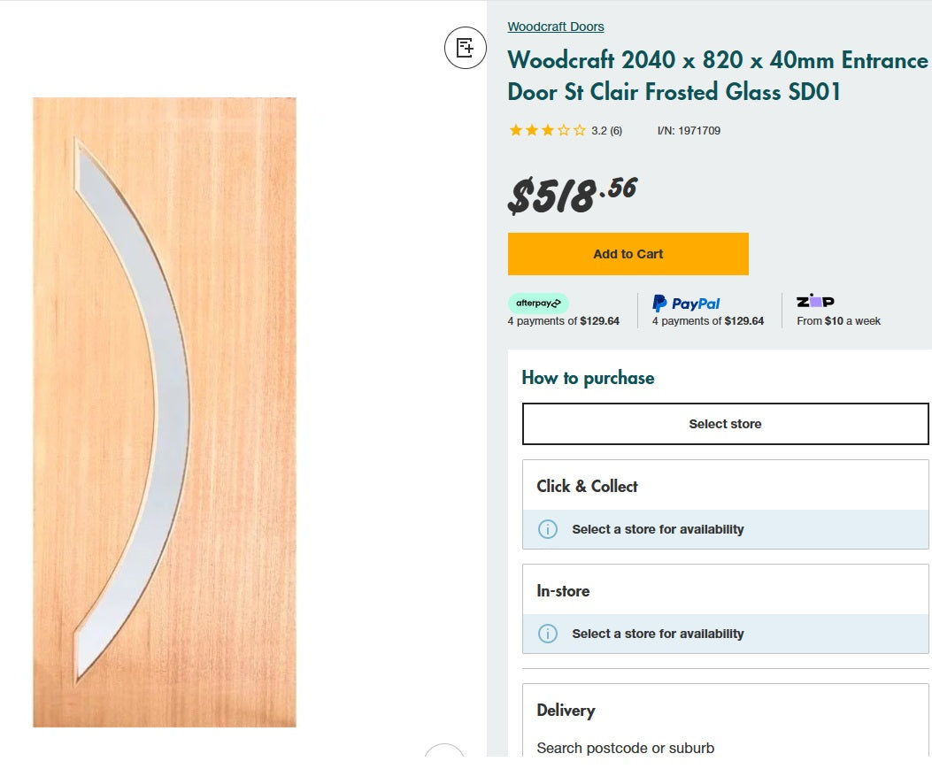 Timber Entry Door - 2040h x 820w Hollow Core w/ 1 x Curved Obscure Glass *Factory 2nd* 10425