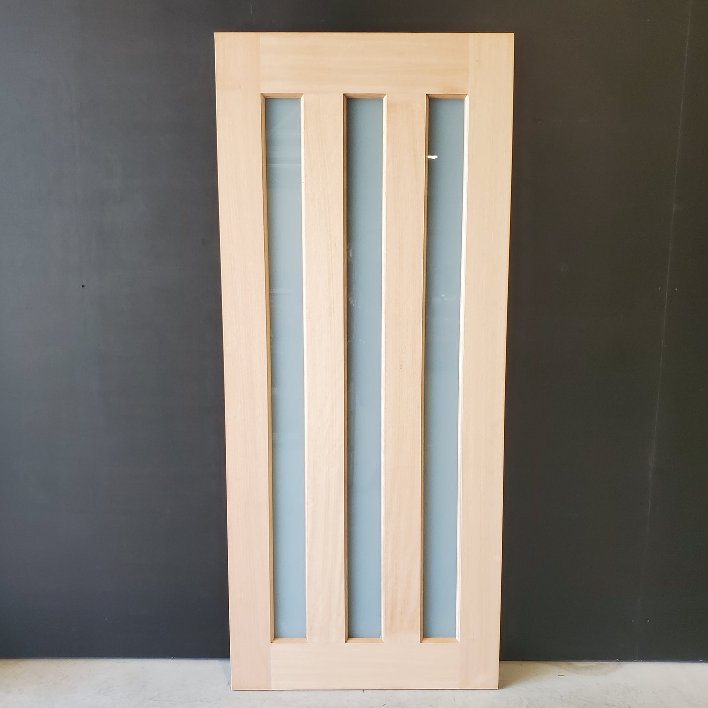 Timber Entry Door - 2040h x 870w Solid Core w/ 3 x Vertical Obscure (Frosted) Glass *New* 40035