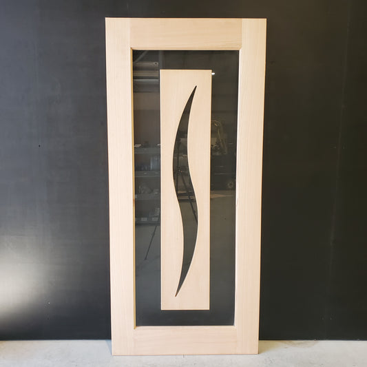Timber Entry Door - 2040h x 920w Solid Core w/ Floating Timber 'S' Motif Panel Clear Glass *New* 40046
