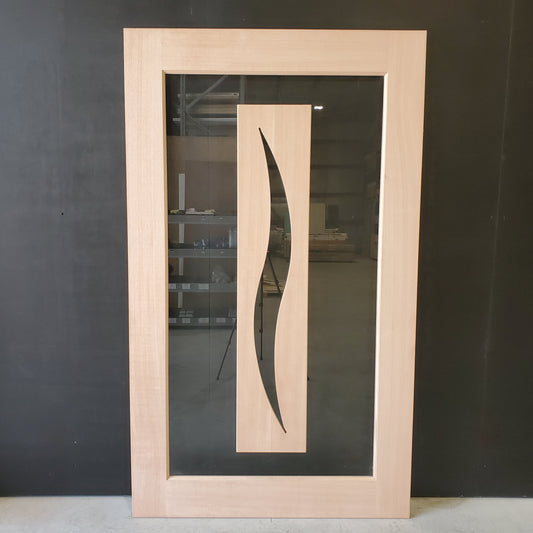 Timber Entry Door - 2040h x 1200w Solid Core w/ Floating Timber Panel 'S' Motif Clear Glass *New* 40049