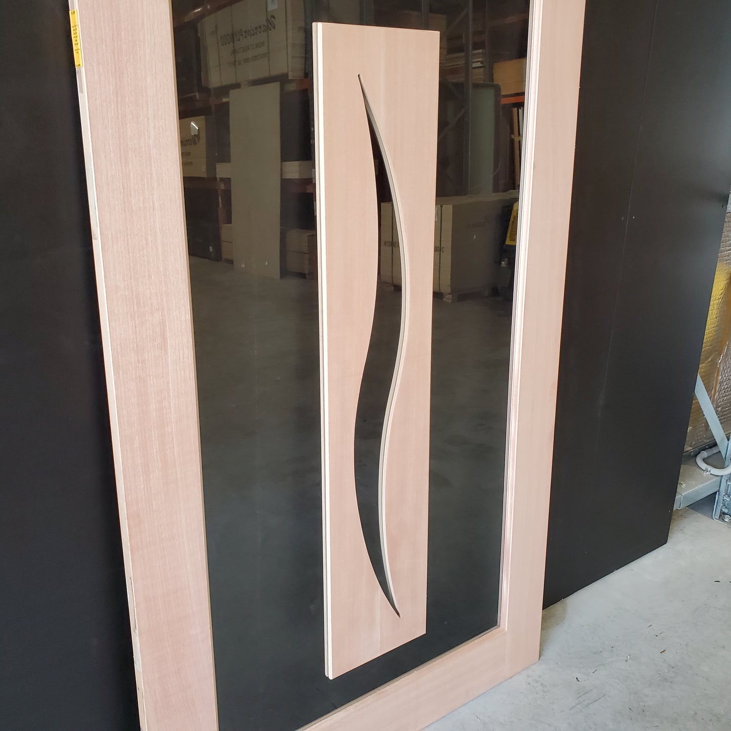 Timber Entry Door - 2040h x 1200w Solid Core w/ Floating Timber Panel 'S' Motif Clear Glass *New* 40049