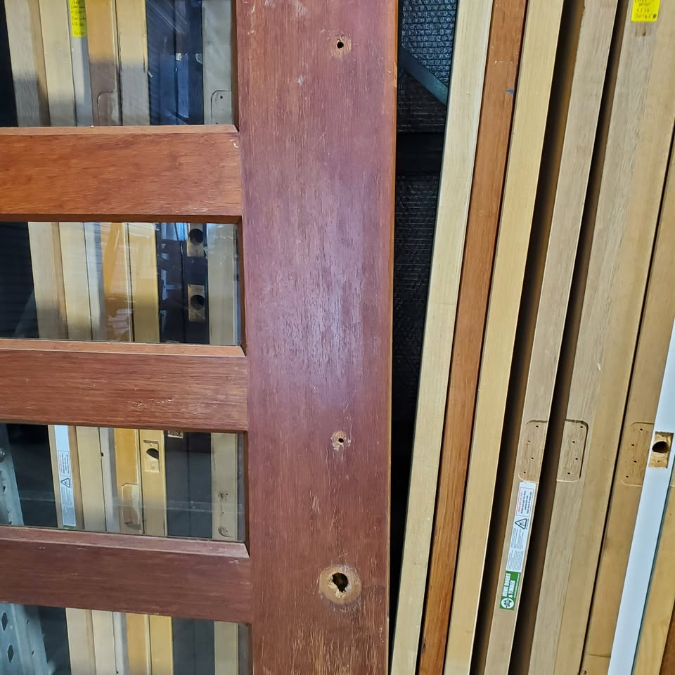 Timber Entry Door - 2340h x 1200w Solid Core Merbau Veneer w/ 8 x Clear Glass *Second Hand* 30342