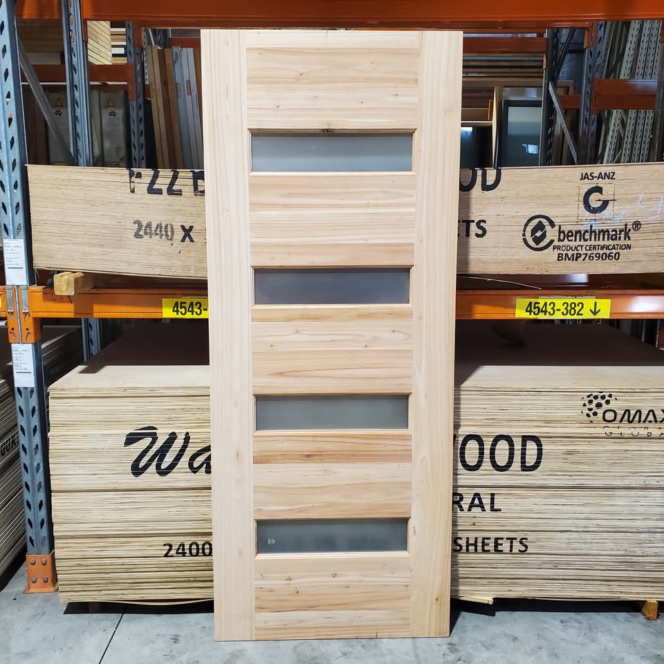 Timber Entry Door - 2037h x 820w Solid Core w/ 4 x Obscure (Frosted) Glass *New Imported* 40013