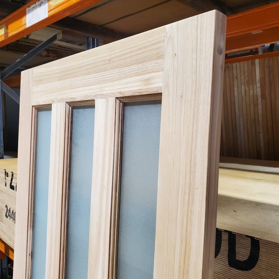 Timber Entry Door - 2037h x 820w Solid Core w/ 3 x Obscure (Frosted) Glass *New Imported* 40014