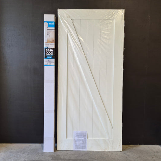 Barn Door - 2150h x 1000w Solid Core w/ 1 x Diagonal Brace, Pre-Primed MDF Finish + Track *New* 40066