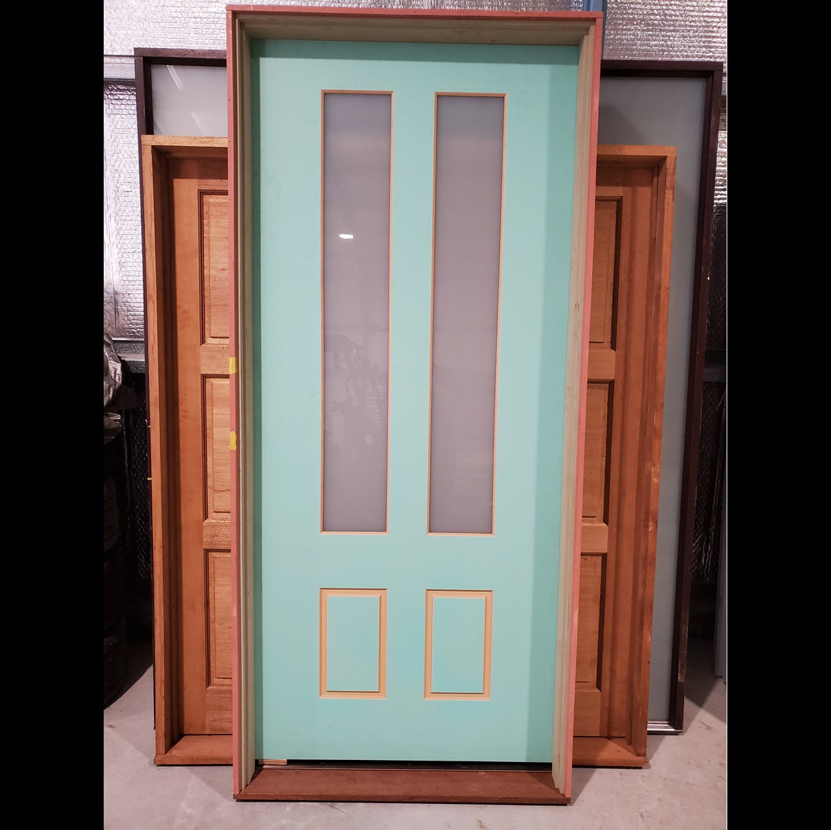 Timber Entry Door - Pre-Hung in a 2430h x 1087w Frame w/ 2 x Obscure Glass *Factory 2nd* 10180
