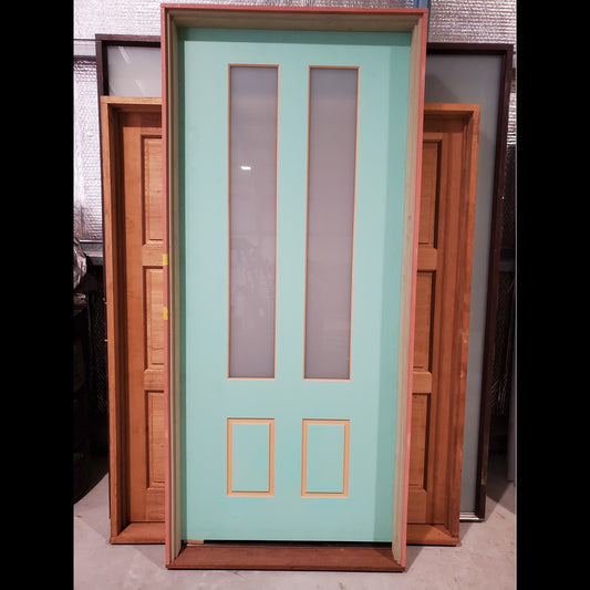 Timber Entry Door - Pre-Hung in a 2430h x 1087w Frame w/ 2 x Obscure Glass *Factory 2nd* 10180