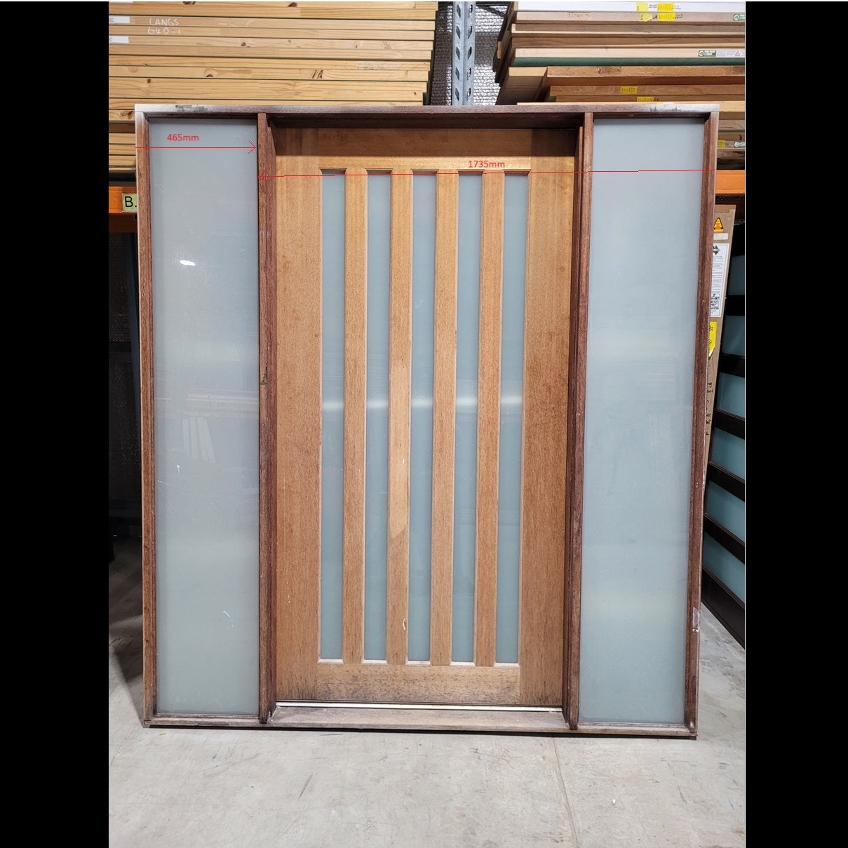 Timber Entry Door - Pre-Hung in a 2430h x 2200w Frame w/ Obscure Glass Sidelites *2nd Hand* 10264
