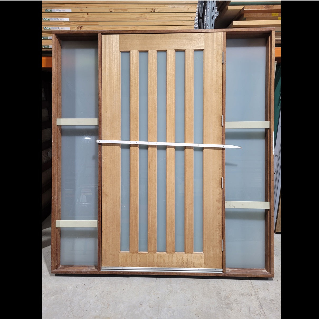 Timber Entry Door - Pre-Hung in a 2430h x 2200w Frame w/ Obscure Glass Sidelites *2nd Hand* 10264