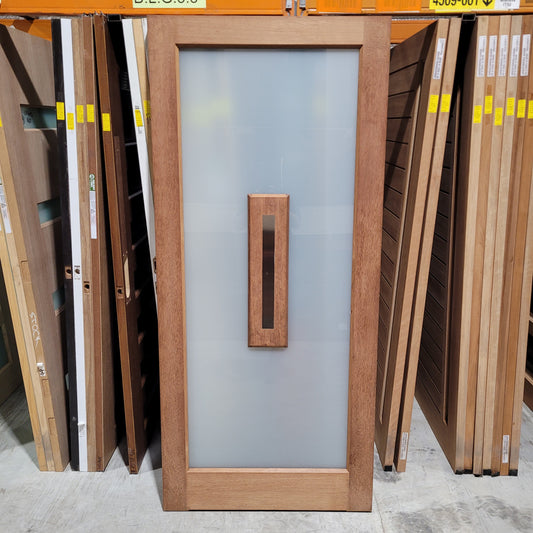 Timber Entry Door - 2040h x 920w Merbau w/ 1 x Obscure Glass + Floating Timber *Factory 2nd* 10422