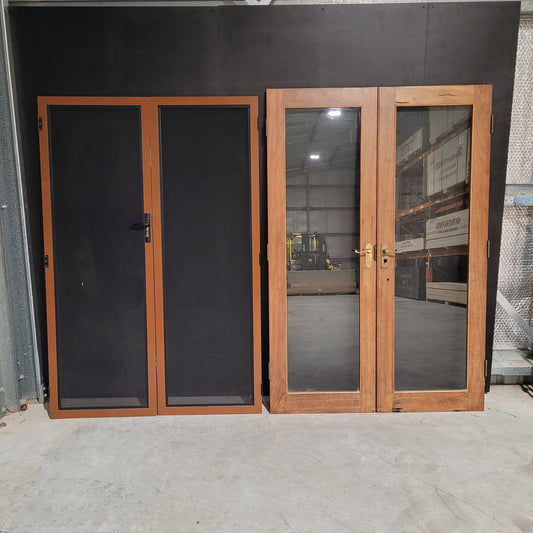 French Door - 2 x 2000h x 675w Solid Core w/ 1 x Clear Glass + Security Screens *2nd Hand* 10547