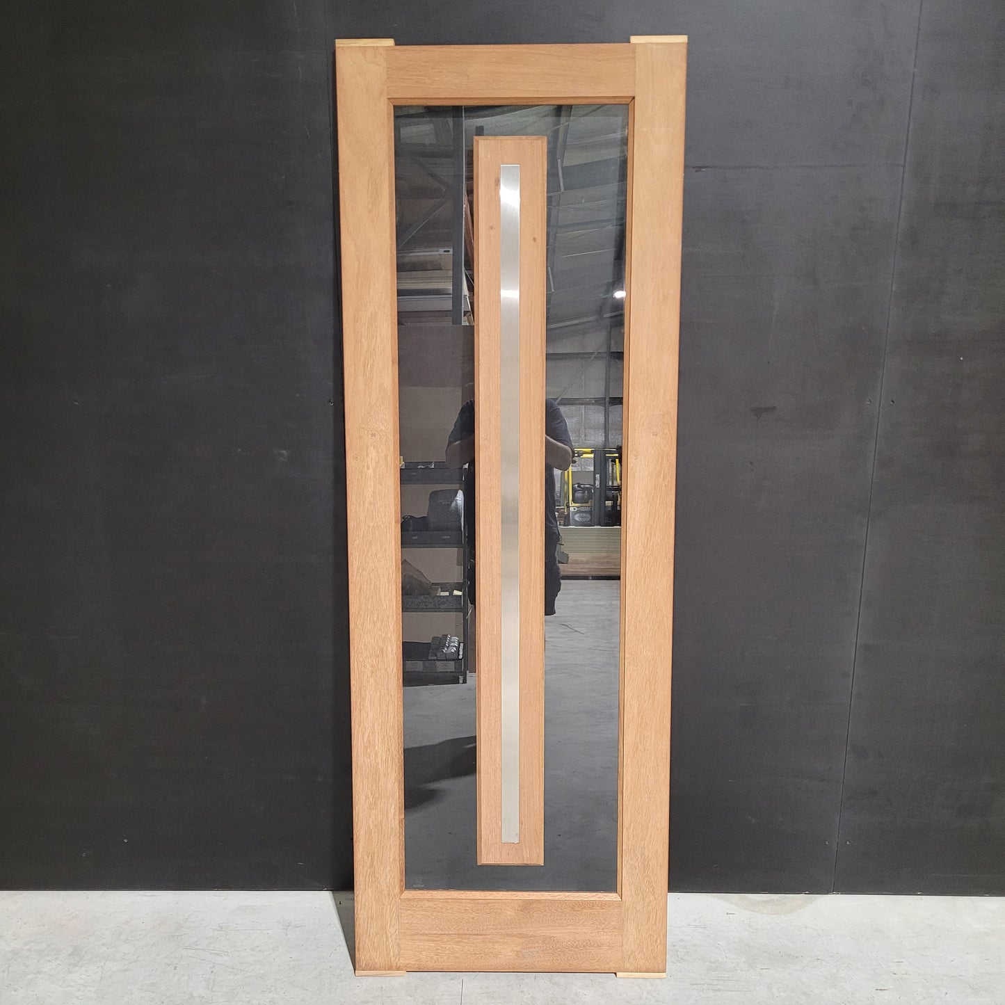 Timber Entry Door - 2040h x 720w Merbau w/ 1 x Clear Glass + Floating Timber *Factory 2nd* 10548
