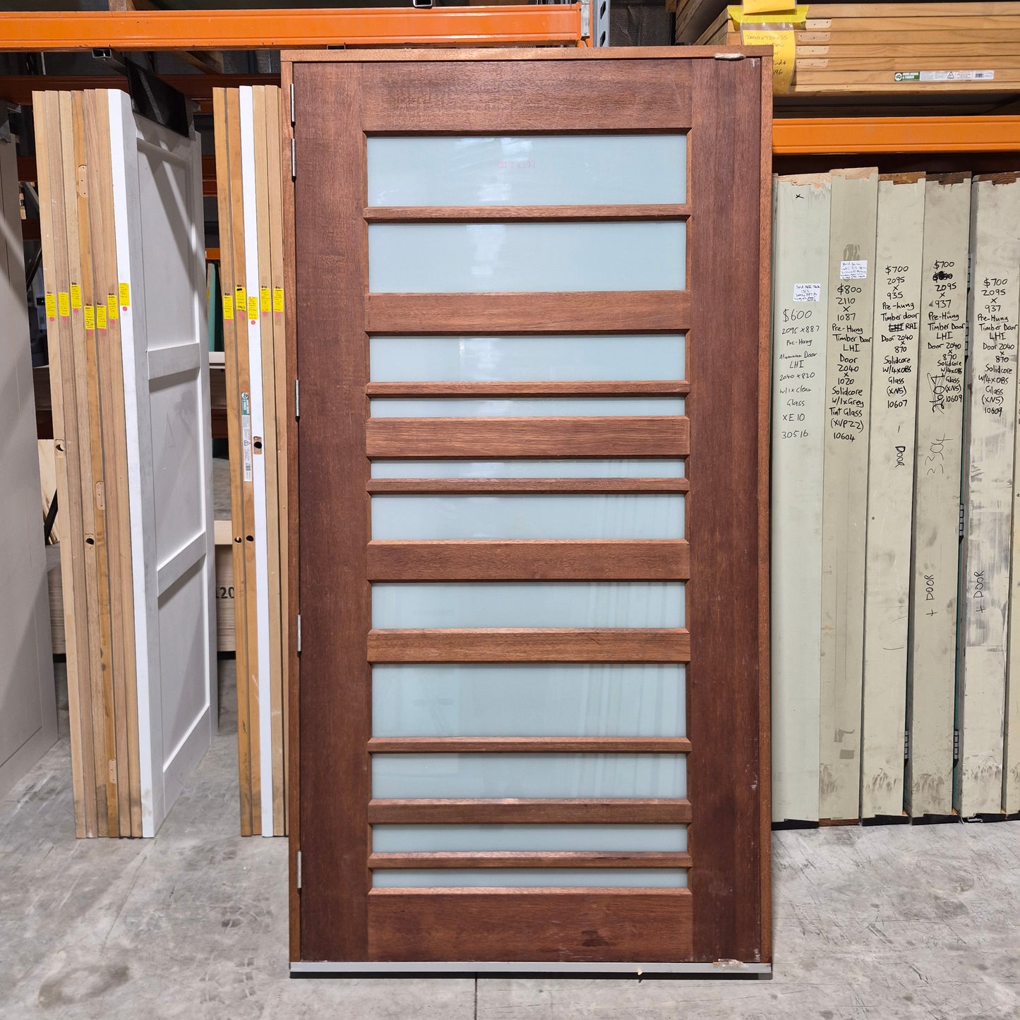 Timber Entry Door - Pre-Hung in a 2400h x 1267w Frame w/ 11 x Obscure Glass *Factory 2nd* 10636