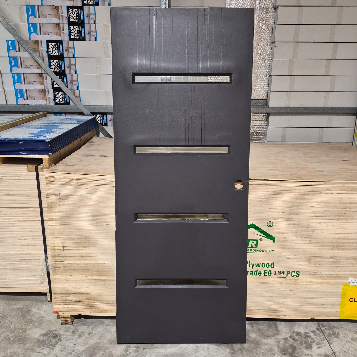 Timber Entry Door - 2030h x 820w Solid Core w/ 4 x Clear Glass *2nd Hand - Various Issues* 10655