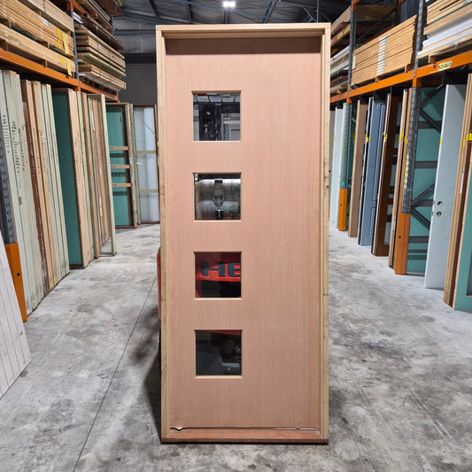 Timber Entry Door - Pre-Hung in a 2415h x 986w Frame w/ 4 x Clear Glass *Factory 2nd* 10659