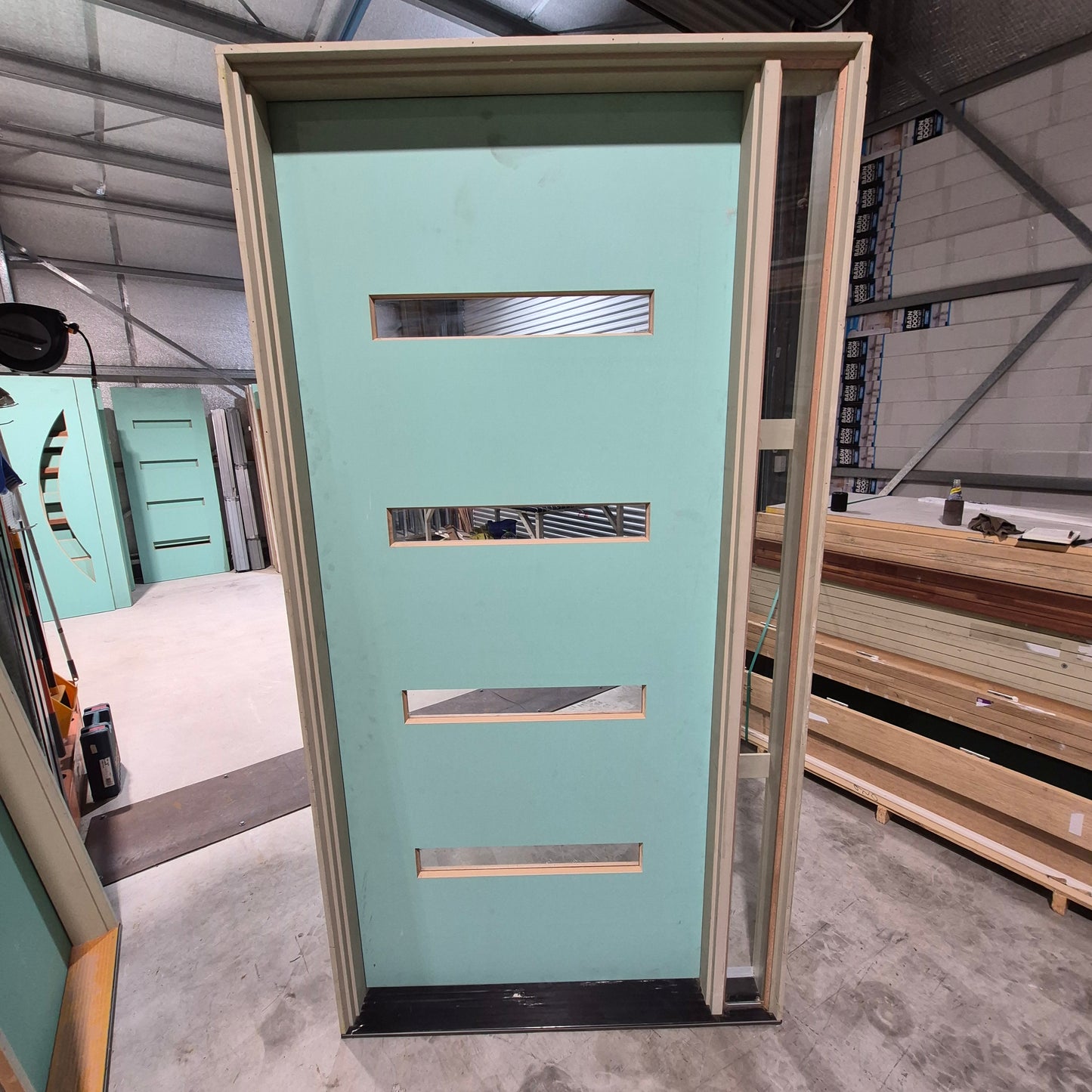 Timber Entry Door - Pre-Hung in a 2400h x 1250w Frame w/ 4 x Clear Glass *Factory 2nd* 10677