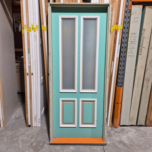 Timber Entry Door - Pre-Hung in a 2093h x 887w Frame w/ 2 x Obscure Glass *Factory 2nd* 10680