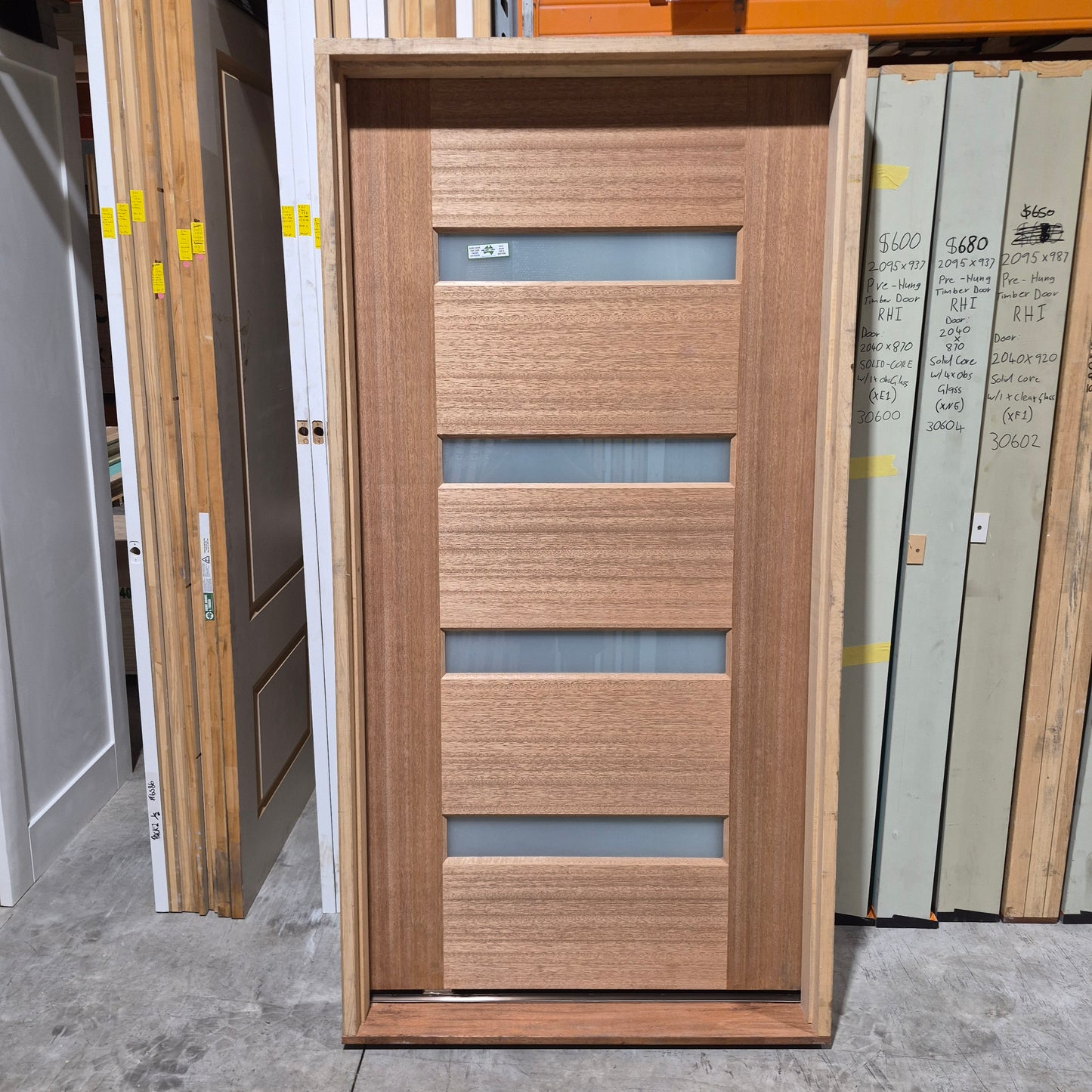 Timber Entry Door - Pre-Hung in a 2130h x 1087w Frame w/ 4 x Obscure Glass (XS11) *Factory 2nd* 10692