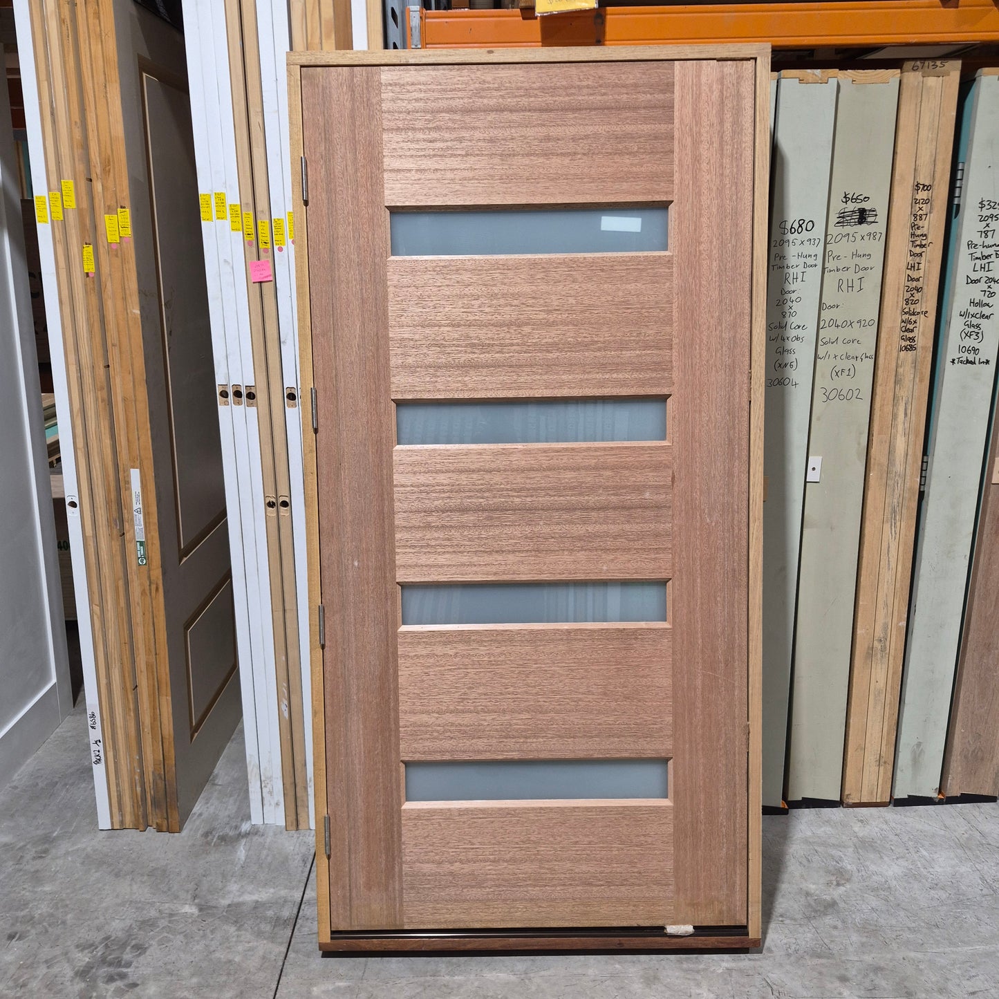 Timber Entry Door - Pre-Hung in a 2130h x 1087w Frame w/ 4 x Obscure Glass (XS11) *Factory 2nd* 10692