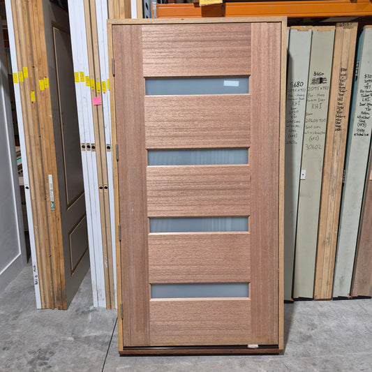 Timber Entry Door - Pre-Hung in a 2130h x 1087w Frame w/ 4 x Obscure Glass (XS11) *Factory 2nd* 10692