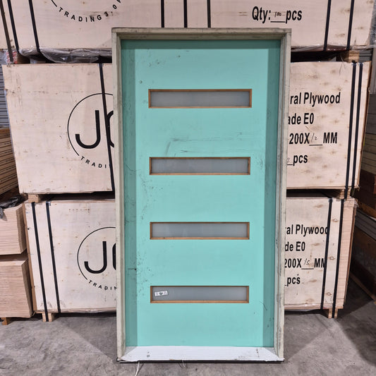 Timber Entry Door - Pre-Hung in a 2102h x 1085w Frame w/ 4 x Obscure Glass *Factory 2nd* 10724