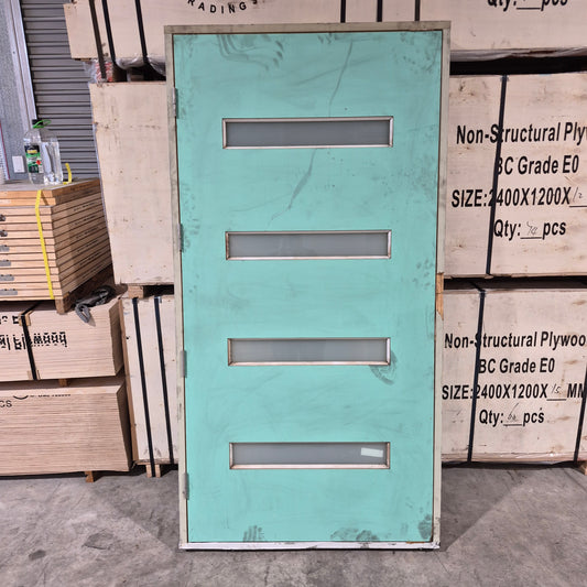 Timber Entry Door - Pre-Hung in a 2102h x 1085w Frame w/ 4 x Obscure Glass *Factory 2nd* 10724