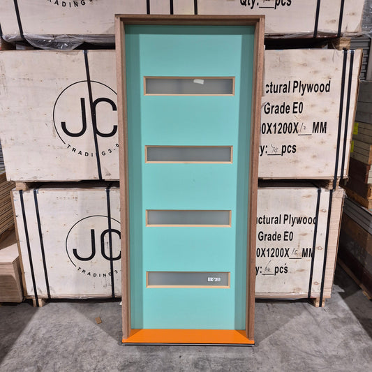 Timber Entry Door - Pre-Hung in a 2095h x 887w Frame w/ 4 x Obscure Glass (XN5) *Factory 2nd* 10727
