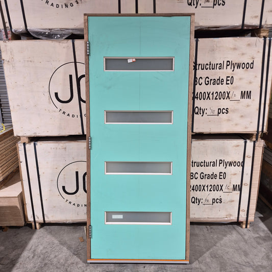 Timber Entry Door - Pre-Hung in a 2095h x 887w Frame w/ 4 x Obscure Glass (XN5) *Factory 2nd* 10727