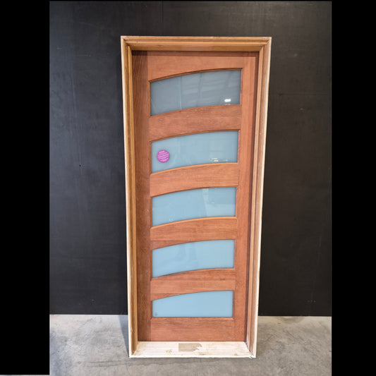 Timber Entry Door - Pre-Hung in a 2105h x 887w Frame w/ 5 x Obscure Glass (SUN AL) *Factory 2nd* 10742