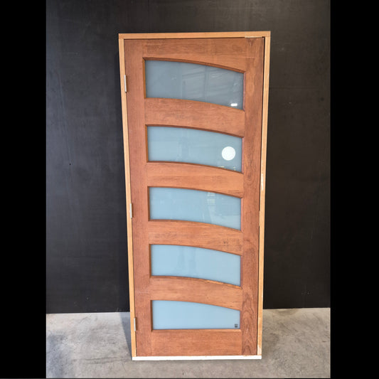 Timber Entry Door - Pre-Hung in a 2105h x 887w Frame w/ 5 x Obscure Glass (SUN AL) *Factory 2nd* 10742