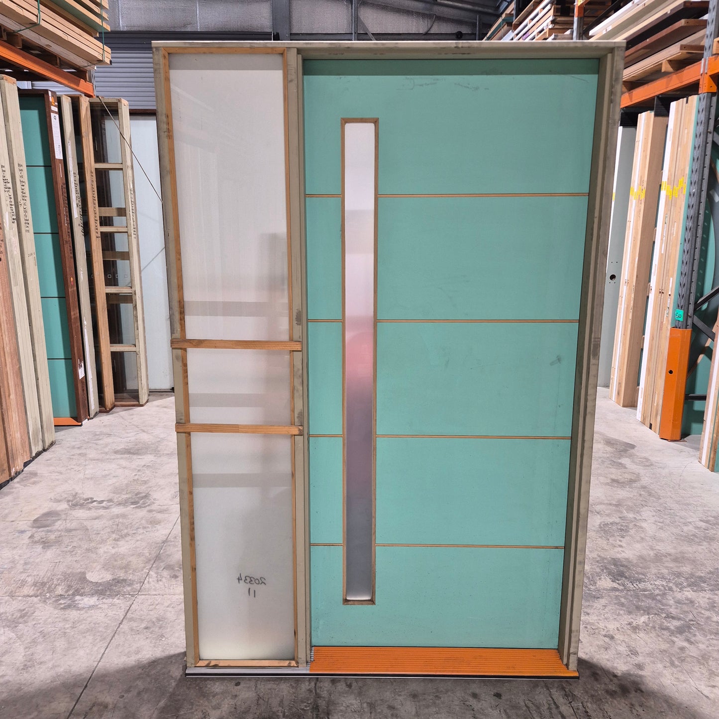 Timber Entry Door - Pre-Hung in a 2092h x 1380w Frame w/ 1 x Obscure Glass + Sidelite *Factory 2nd* 10757