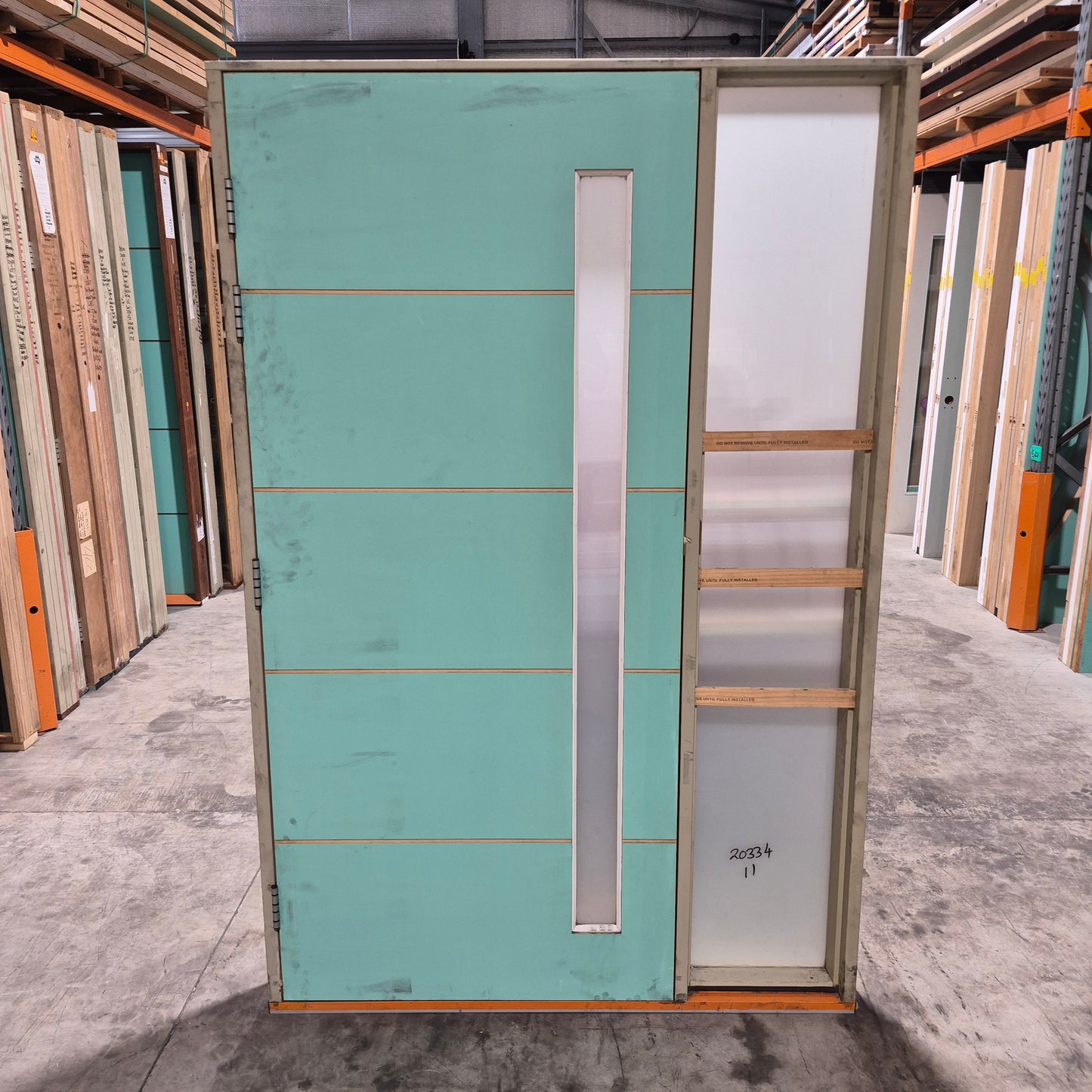Timber Entry Door - Pre-Hung in a 2092h x 1380w Frame w/ 1 x Obscure Glass + Sidelite *Factory 2nd* 10757