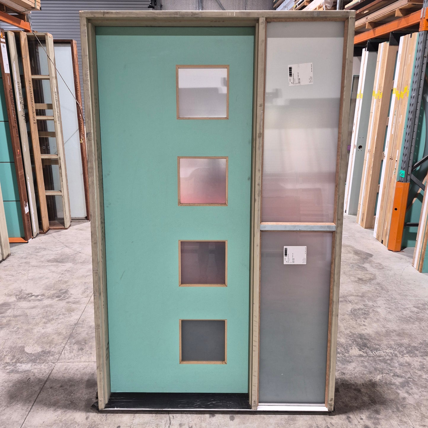 Timber Entry Door - Pre-Hung in a 2102h x 1310w Frame w/ 4 x Obscure Glass + Sidelite *Factory 2nd* 10759