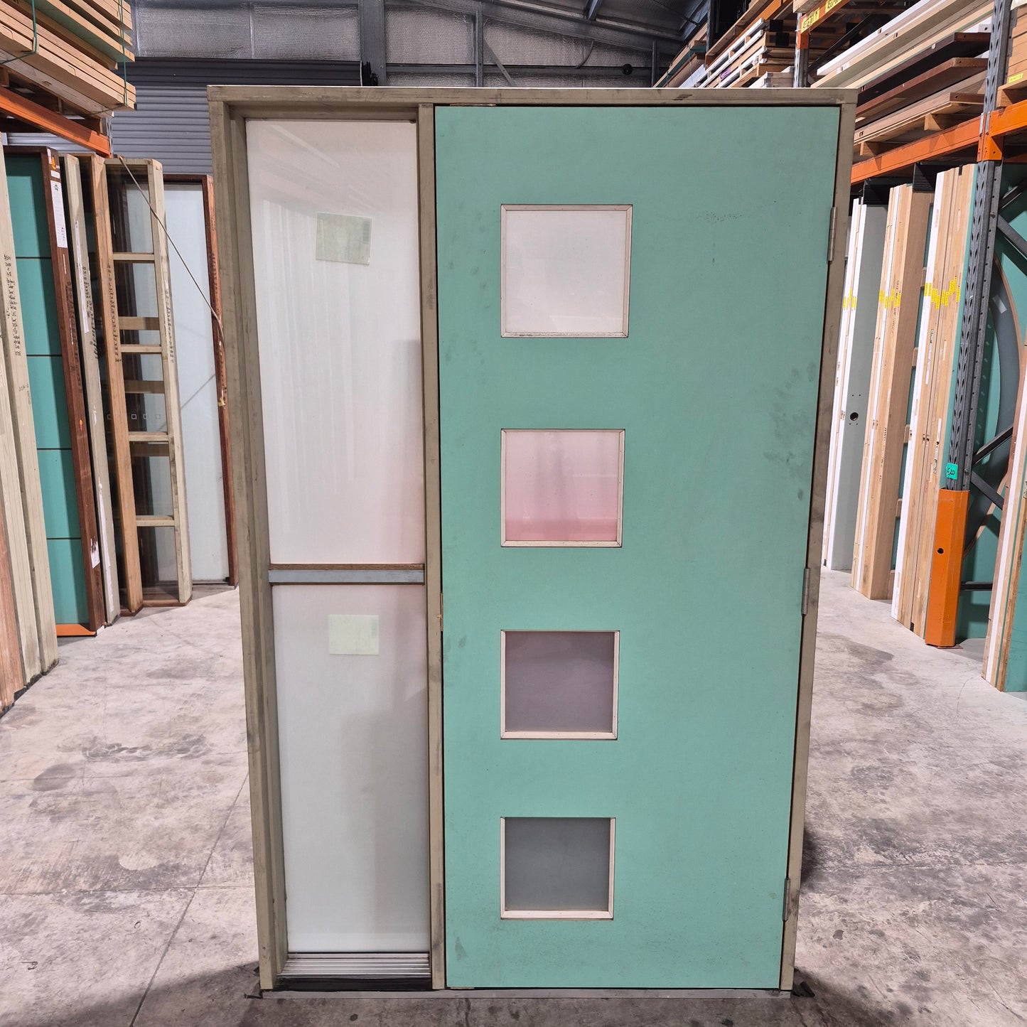 Timber Entry Door - Pre-Hung in a 2102h x 1310w Frame w/ 4 x Obscure Glass + Sidelite *Factory 2nd* 10759