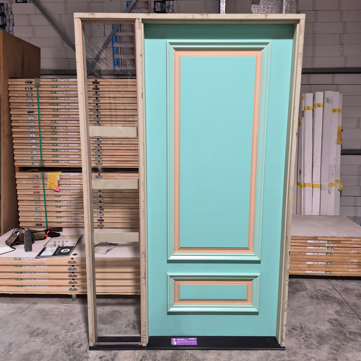 Timber Entry Door - Pre-Hung in a 2400h x 1490w Frame w/ Routed Pattern + Sidelite *Factory 2nd* 10807