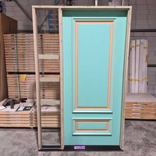 Timber Entry Door - Pre-Hung in a 2400h x 1490w Frame w/ Routed Pattern + Sidelite *Factory 2nd* 10807