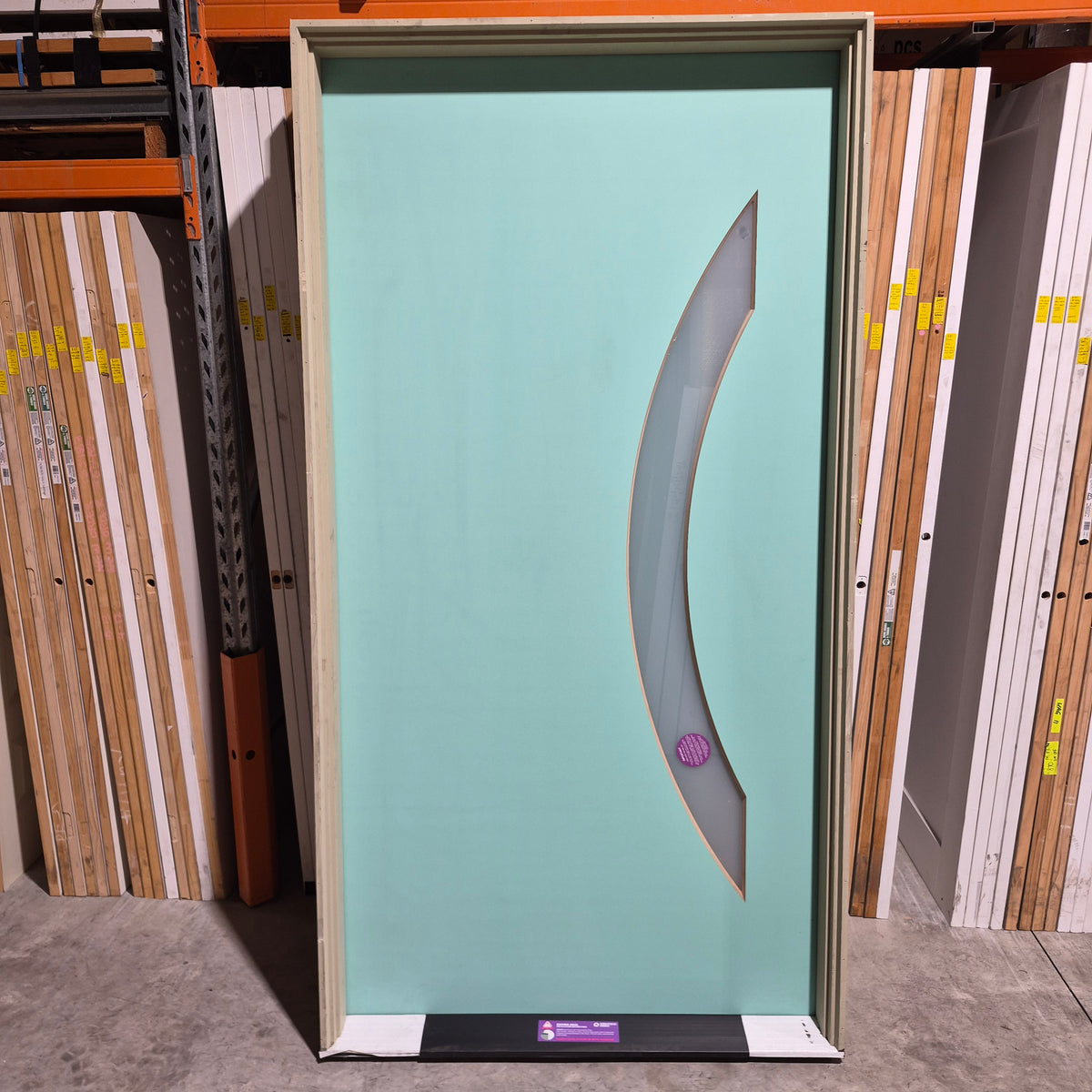 Timber Entry Door - Pre-Hung in a 2402h x 1267w Frame w/ 1 x Curved Obscure Glass (PMAD 111) *Factory 2nd* 10808