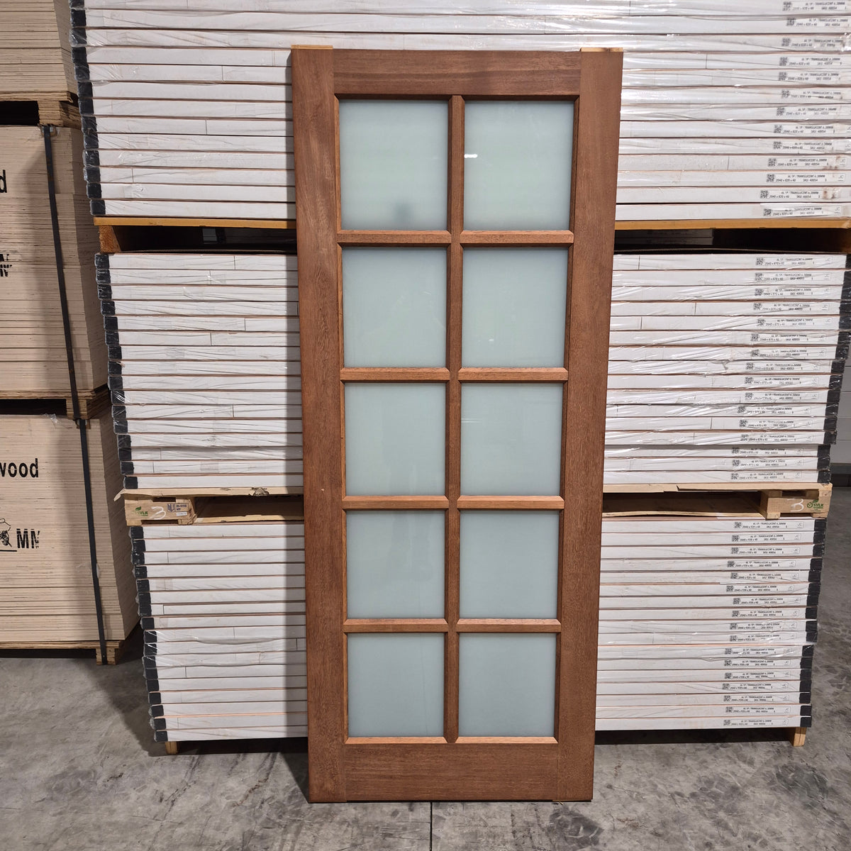 Timber Entry Door - 2040h x 820w Merbau / Kwila w/ 10x Obscure Glass *Factory 2nd* 10811