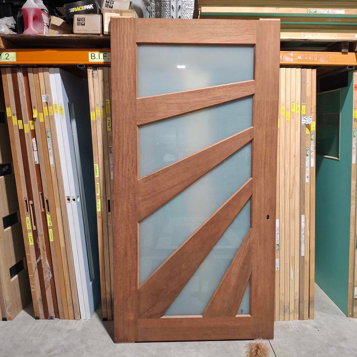 Timber Entry Door - 2340h x 1200w Solid Core Merbau w/ 5 x Obscure Glass (Sunburst) *Factory 2nd* 20113