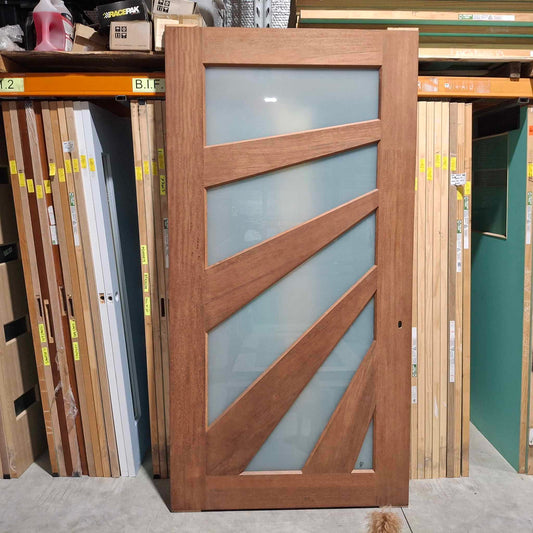 Timber Entry Door - 2340h x 1200w Solid Core Merbau w/ 5 x Obscure Glass (Sunburst) *Factory 2nd* 20113