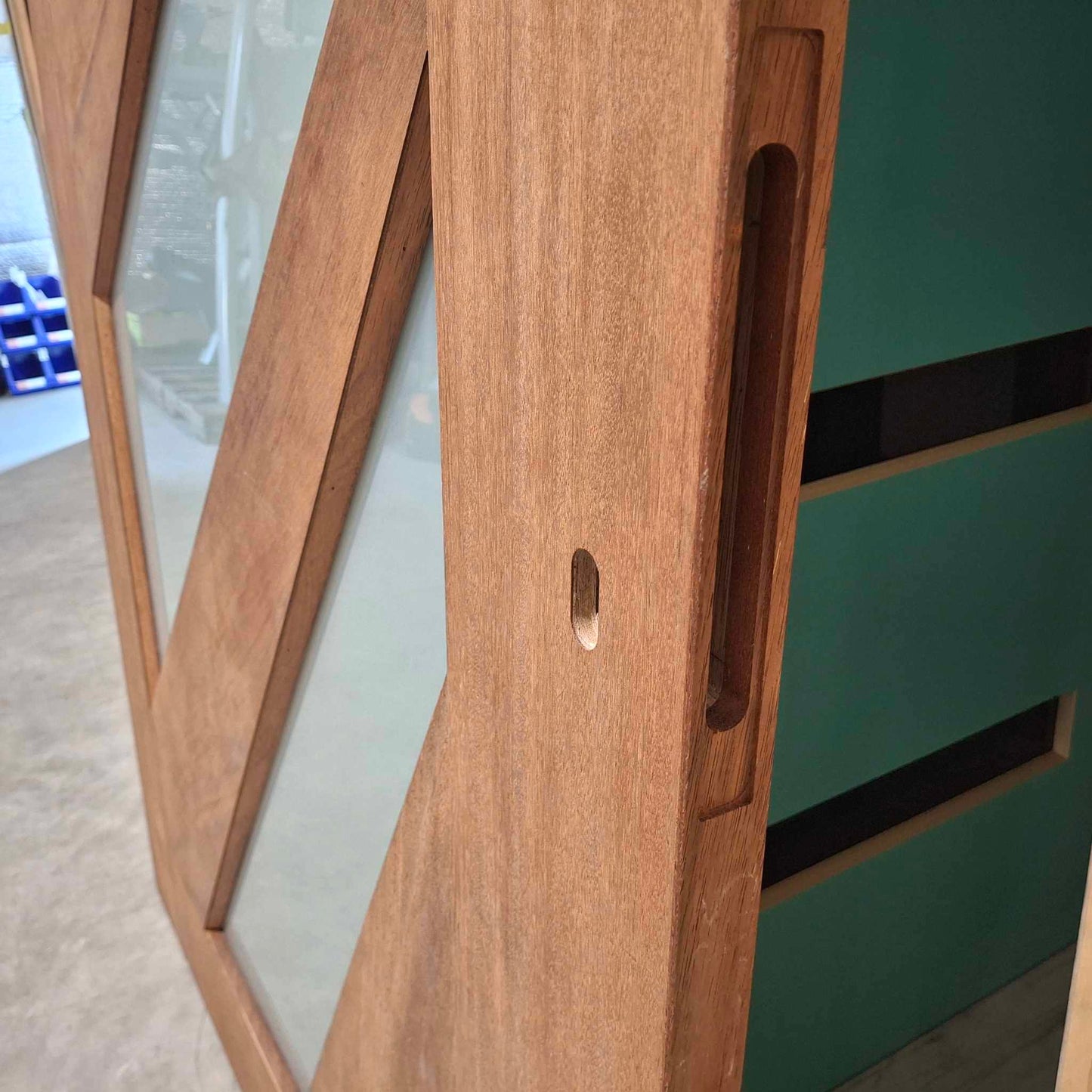 Timber Entry Door - 2340h x 1200w Solid Core Merbau w/ 5 x Obscure Glass (Sunburst) *Factory 2nd* 20113