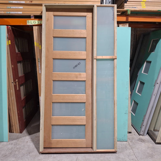 Timber Door - Pre-Hung in a 2410h x 1230w Frame w/ Sidelite + 6 x Obscure Glass *Factory 2nd* 20157