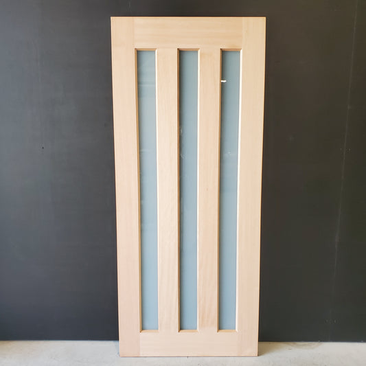 Timber Entry Door - 2040h x 870w Solid Core w/ 3 x Vertical Obscure (Frosted) Glass *New* 40035