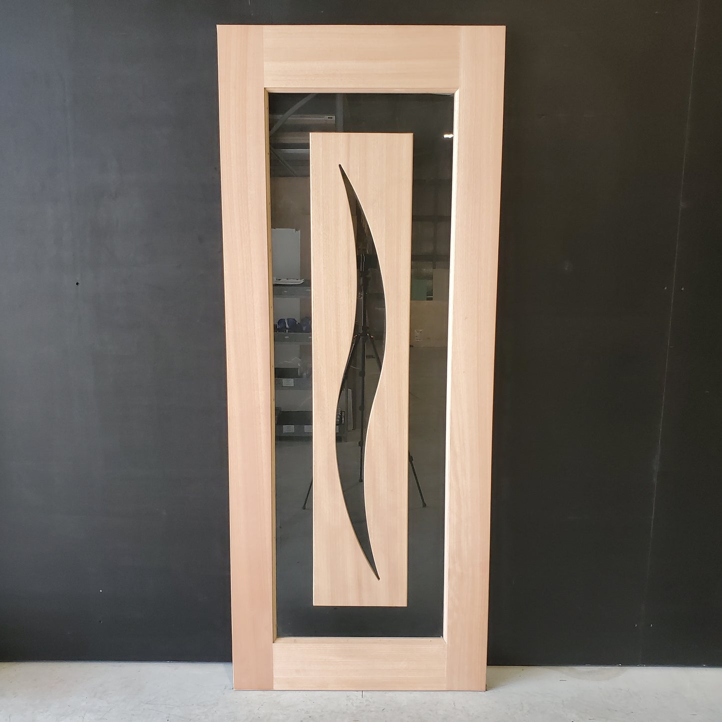 Timber Entry Door - 2040h x 820w Solid Core w/ Floating Timber 'S' Motif Panel Clear Glass *New* 40032