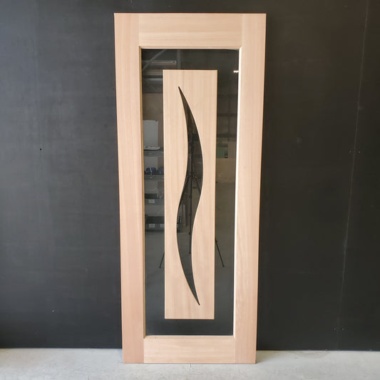 Timber Entry Door - 2040h x 820w Solid Core w/ Floating Timber 'S' Motif Panel Clear Glass *New* 40032