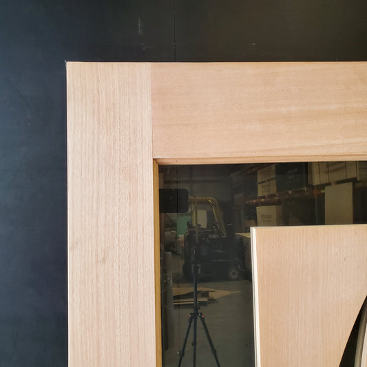 Timber Entry Door - 2040h x 920w Solid Core w/ Floating Timber 'S' Motif Panel Clear Glass *New* 40046