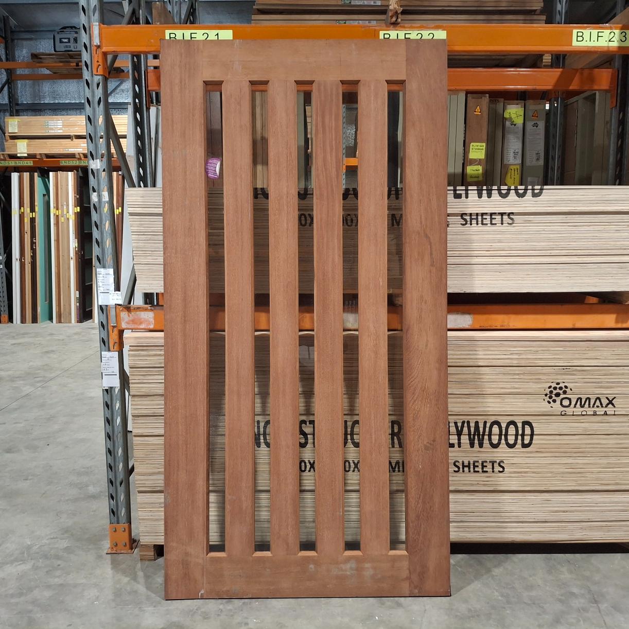 Timber Entry Door - 2340h x 1200w Merbau Door w/ 5 x Clear Glass (Damaged) *Factory 2nd* 20357