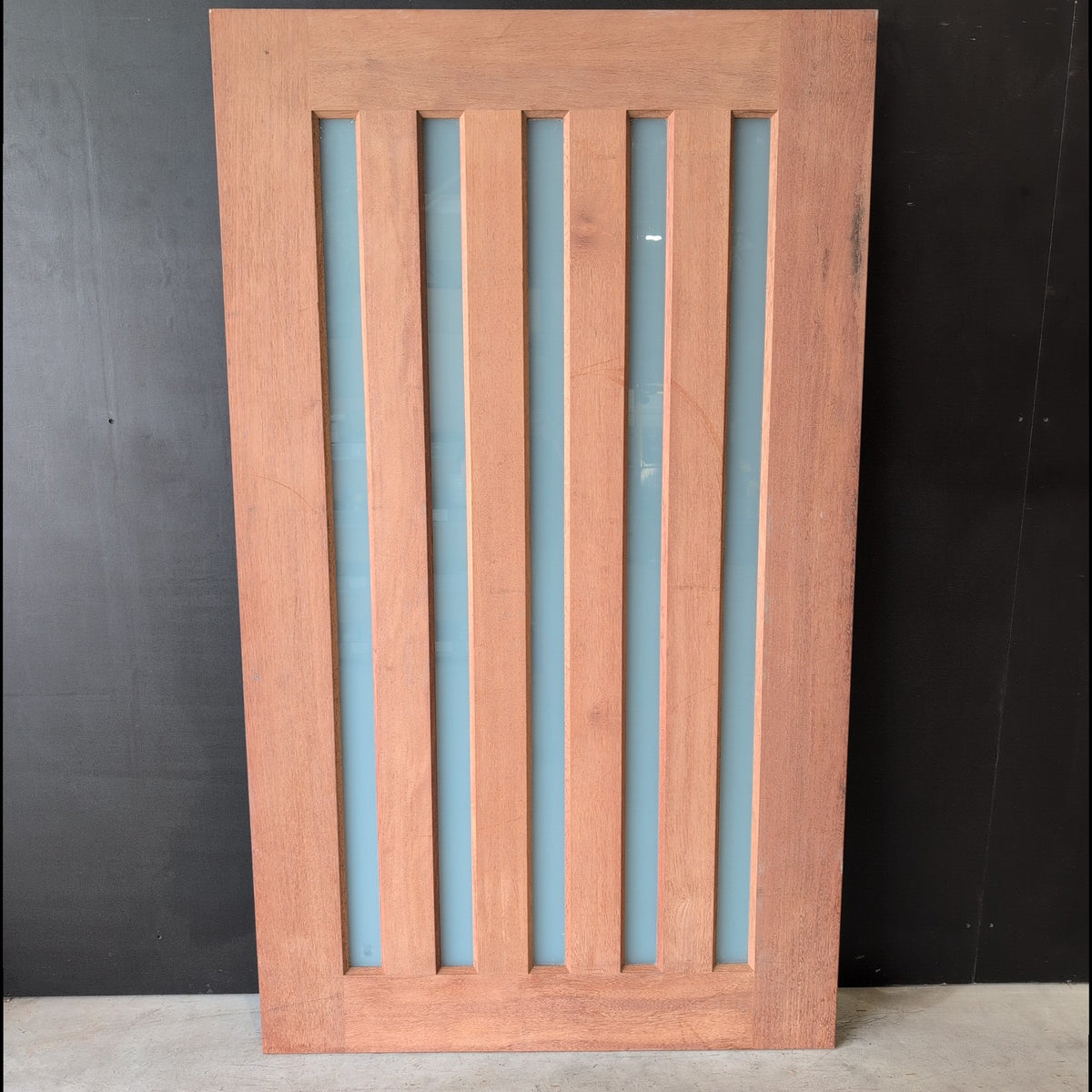 Timber Entry Door - 2040h x 1200w Solid Core Merbau w/5 x Obscure Glass (XS45) *Factory 2nd* 20625