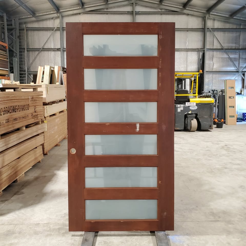Timber Entry Door - 2340h x 1200w Solid Core w/ 6 x Obscure (frosted) Glass *Second Hand* 30142